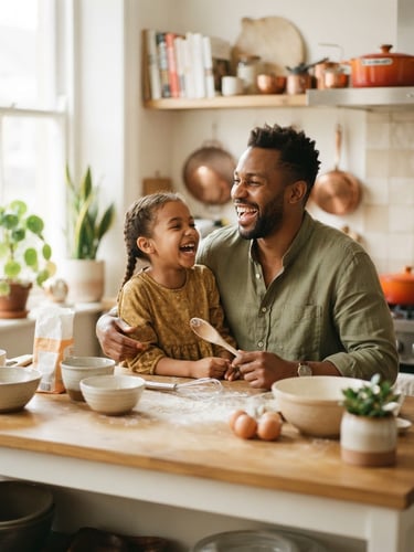 Warm editorial portrait of a confident single father laughing with his young daughter in a sun-drenched, beautifully lived-in modern apartment kitchen, shallow depth of field, 35mm film look