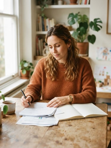 Warm editorial portrait of a confident single mother sitting at a daylight-filled wooden table, reviewing documents with a focused, calm expression, 35mm film look