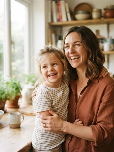 Warm daylight-filled medium portrait of a confident single mother laughing with her young daughter in their bright, sunlit kitchen, 35mm film look, shallow depth of field