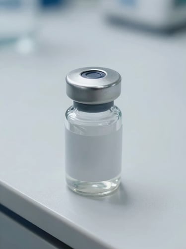 Macro detail of a sterile silver pharmaceutical container on a white laboratory counter, cool diffused daylight, sharp focus on the metallic seal, minimalist composition.