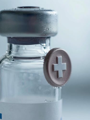 Macro close-up of a sterile pharmaceutical glass vial, cool diffused clinical daylight, sharp focus on the Swiss laboratory seal.