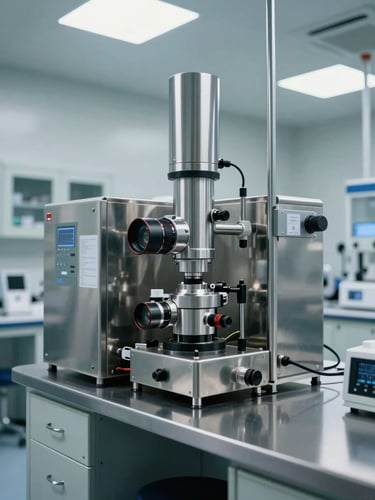 State-of-the-art sterile laboratory in Switzerland, stainless steel equipment, cool clinical lighting, precise and orderly environment