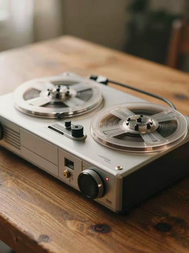 A vintage reel-to-reel tape recorder resting on a rustic wooden table, warm morning light, soft focus, editorial still life.