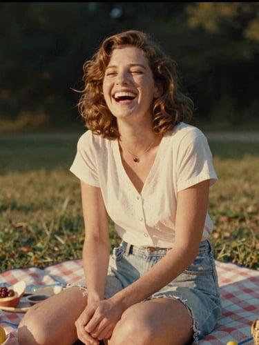 Super 8 vintage camera footage still of a woman laughing during a summer picnic, warm golden tones, nostalgic film aesthetic.