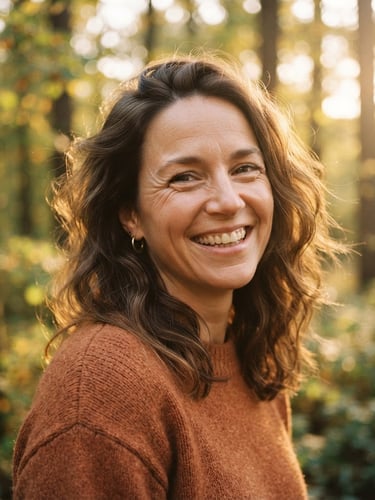 Close-up environmental portrait of a woman with a warm, radiant smile, soft golden hour light filtering through trees, nostalgic film grain, shallow depth of field.