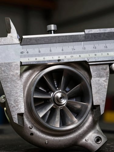 Macro shot of a mechanical caliper measuring a turbocharger compressor wheel, industrial metal textures, sharp focus, dramatic workshop lighting.