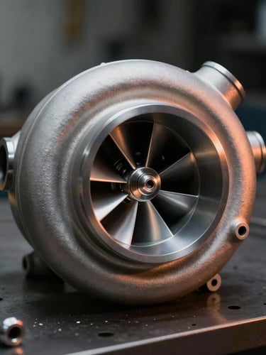 Macro shot of a clean metallic turbocharger turbine wheel on a workbench, professional tools in the background, dramatic side-lighting, orange highlights