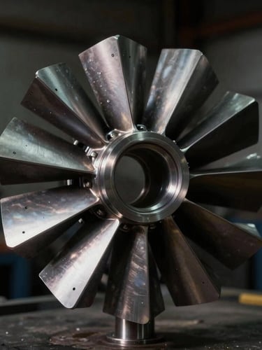 Macro photography of a clean metallic turbocharger rotor shaft, dramatic side-lighting on steel blades, industrial workshop environment.
