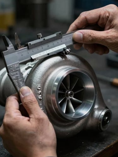 Macro photograph of a master technician's hands using a mechanical caliper to measure a pristine metallic turbocharger compressor wheel, dramatic side-lighting, high contrast, industrial workshop environment