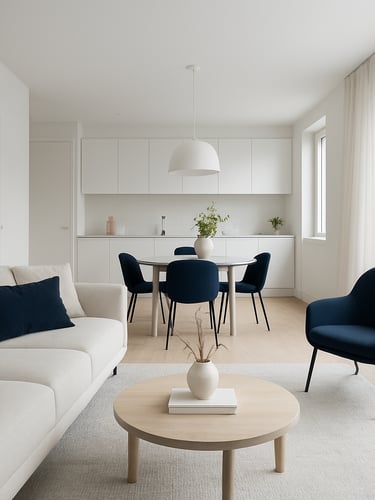 Bright minimalist interior of a modern apartment in Vilnius, clean lines, soft natural overcast daylight, high-end Scandinavian aesthetic with navy accents, wide-angle architectural shot