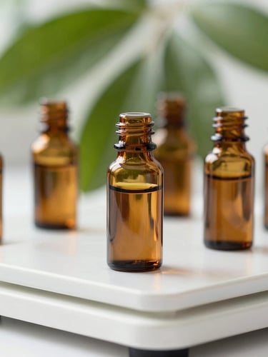 Macro close-up of amber glass apothecary bottles arranged on a clean, white laboratory scale, soft natural daylight, green botanical leaves in the soft-focus background.