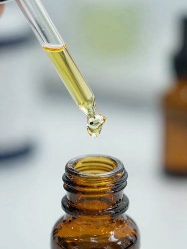 Macro close-up of a clear glass pipette dropping golden botanical oil into an amber apothecary bottle, sterile laboratory bench background, bright natural diffused daylight.
