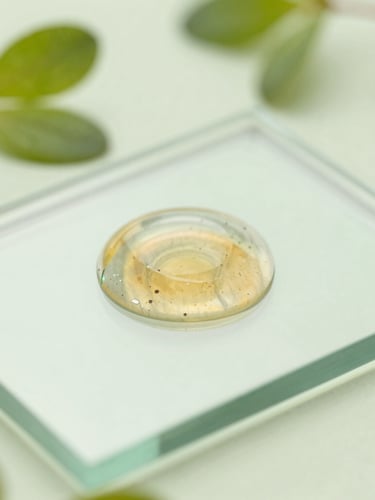 Macro shot of a delicate botanical emulsion droplet on a clean glass slide, bright natural daylight, soft green and amber tones, shallow depth of field