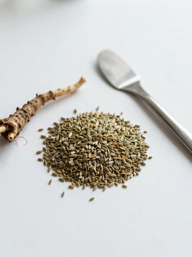 Top-down minimalist shot of raw botanical seeds and roots placed next to a stainless steel laboratory spatula on a sterile white surface, bright diffused daylight.