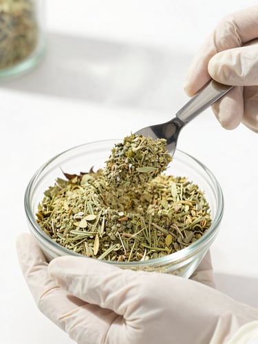 Hands in white laboratory gloves carefully measuring raw botanical powder using a steel spatula, bright natural daylight, clean editorial.