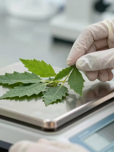 Close-up of hands wearing clean white gloves carefully measuring raw green botanical leaves on a high-precision digital laboratory scale, stainless steel counter, soft natural lighting.