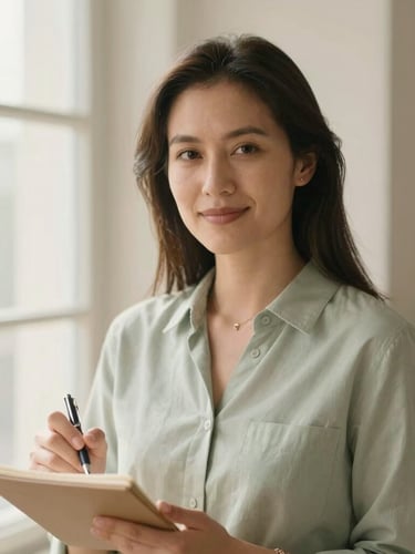Warm natural portrait of the GlycoAid founder, looking approachable and professional, soft morning window light, muted sage and cream tones, shallow depth of field. She is holding a pen and notebook, making eye contact.