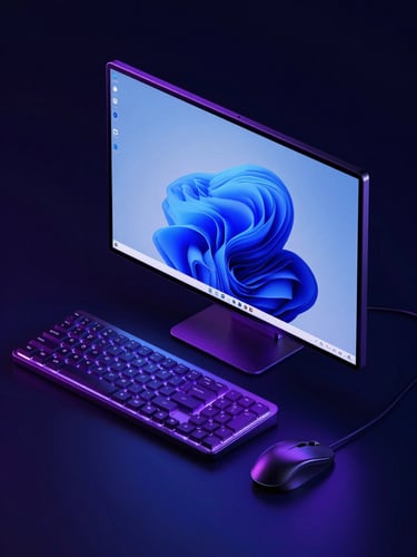 Macro shot of a high-end Windows editing workstation, glowing purple and electric blue ambient backlighting, sleek modern keyboard and mouse, crisp digital detail.