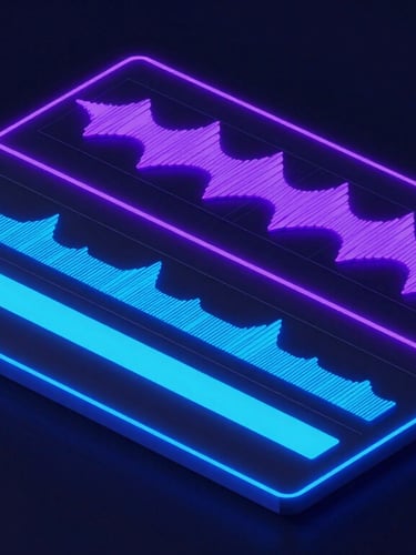 Sleek UI 3D render of a video editing timeline with audio waveforms, dark navy background, vibrant electric blue and purple neon glow, crisp digital detail, isometric perspective.