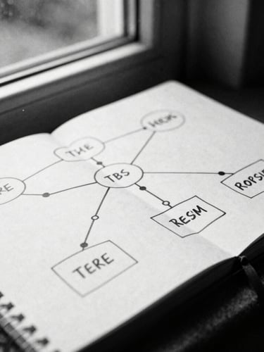 Editorial black and white photography, dramatic natural window light, high contrast, grainy film texture. A close-up of a hand-drawn organizational topology diagram on a white notebook, black ink lines, clean layout, intellectual and raw mood.