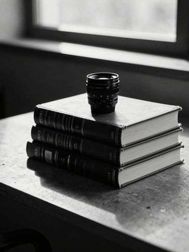 Editorial black and white photography, dramatic natural window light, high contrast, grainy film texture, 35mm lens. A stack of classic leather-bound technical reference books on a minimalist concrete desk, strong shadows.