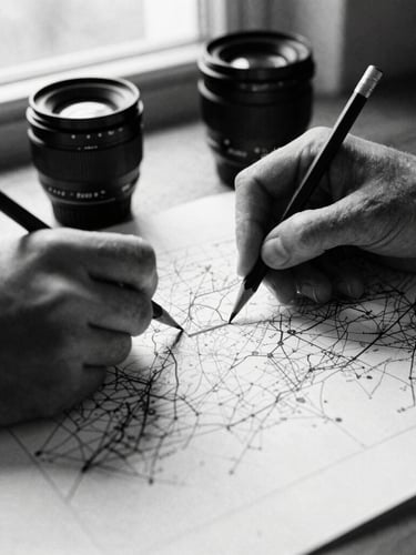 Editorial black and white photography, dramatic natural window light, high contrast, grainy film texture, 35mm lens. Hands marking a structural topology map with a graphite pencil on thick textured paper.