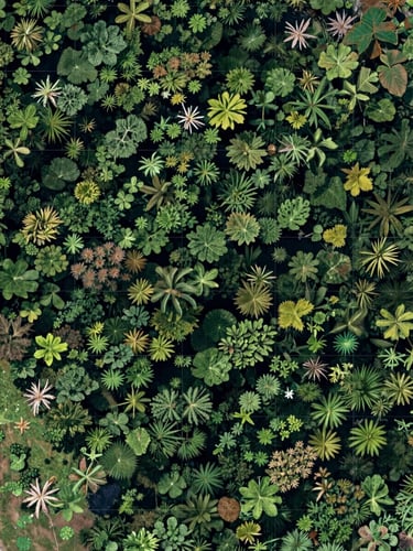 Top-down satellite orthophotography of massive, contiguous tropical canopy, cool daylight, geometric grid overlay.