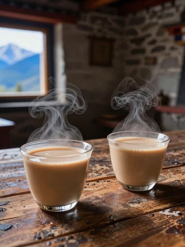 Close-up of steaming cups of butter tea resting on a weathered wooden table inside a stone homestay, soft blue-hour mountain light filtering through a small window.