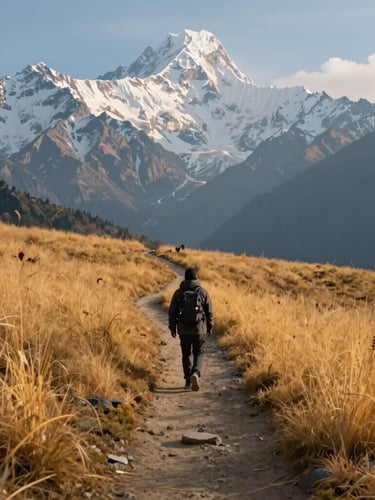 A single walker on a narrow dirt path cutting through a massive golden meadow in Garhwal, towering snow peaks of Nanda Devi rising in the distant hazy background under soft blue-hour light