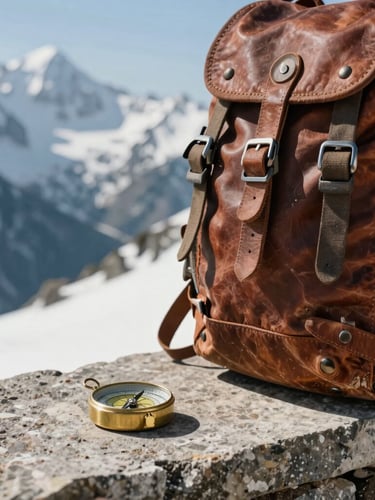 Close-up of weathered leather climbing pack and brass compass resting on a stone ledge, harsh high-altitude sunlight casting deep shadows, immense snow peaks blurred in the far background.