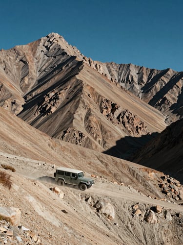 A single rugged 4x4 vehicle crawling along a massive, dusty mountain pass in Ladakh, immense scale of towering dry peaks, harsh high-altitude afternoon light, deep shadows, negative space of expansive blue sky