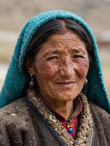 A close-up of a weathered local Ladakhi woman smiling gently, wearing traditional wool garments and a turquoise headpiece