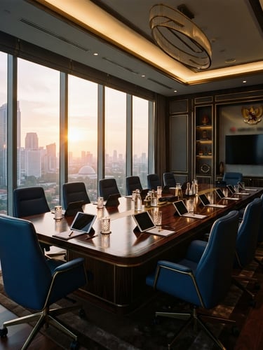 Wide environmental shot of a luxurious modern corporate boardroom in Jakarta, warm golden-hour light streaming through high windows, reflecting on a polished dark wood table, deep blue and gold accents, architectural focus, 35mm