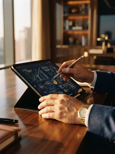 Close-up of executive hands planning on a digital tablet, warm golden-hour window light reflecting on polished wood, luxurious editorial photography, 35mm