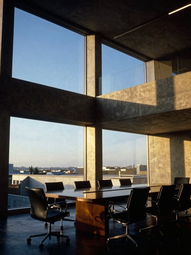 Modern architectural interior of a corporate boardroom, structural concrete lines, warm golden-hour light casting long shadows, luxurious editorial photography, 35mm