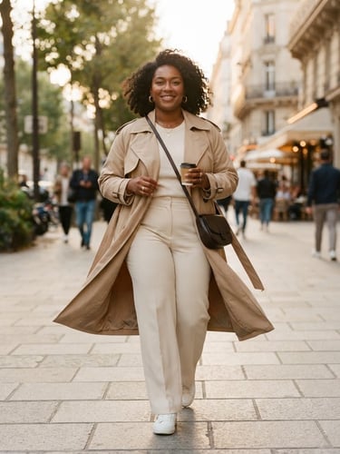 A medium street-style shot of a confident plus-size woman wearing a beautifully draped beige trench coat and cream trousers, soft golden hour lighting, clean city background
