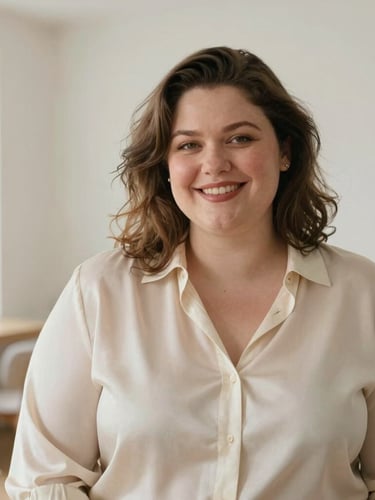 Portrait of a stylish plus-size woman smiling in a bright minimalist apartment, wearing a cream silk blouse, soft diffused natural light