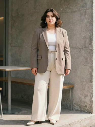 A full-body street-style portrait of a plus-size woman in a tailored taupe blazer and wide-leg cream trousers, standing outside a minimalist concrete cafe in soft morning light.