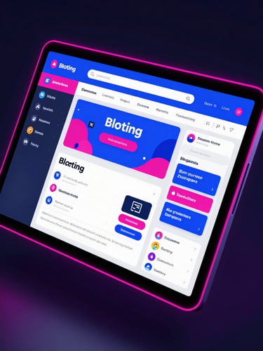 Dynamic Dutch angle screenshot of a vibrant neon-accented blogging dashboard on a dark screen, glowing hot pink and cobalt accents, high-contrast studio lighting