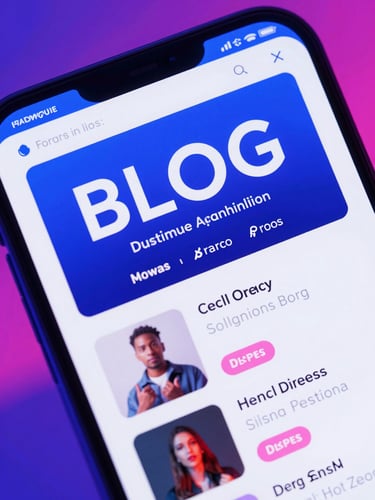 Dynamic Dutch angle macro shot of a vibrant neon blog dashboard on a screen, saturated electric cobalt and hot pink lighting, sharp focus
