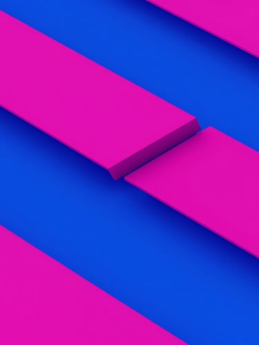 Close-up abstract 3D render of overlapping geometric shapes in electric pink and cobalt blue, high-contrast neon studio lighting, modern tech aesthetic