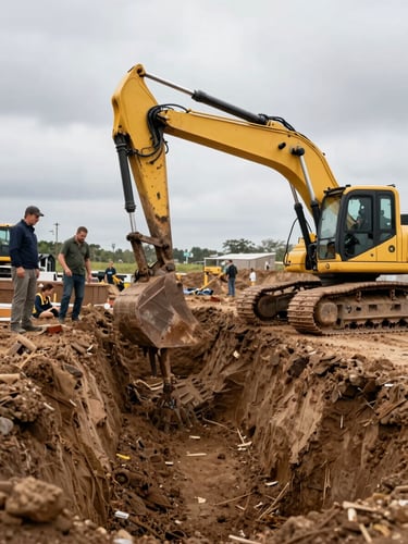 Wide environmental shot from right side, crew hands and compact excavator arm positioned mid-job in a trench, overcast daylight, no faces visible, raw earth walls flanking the machinery, late-morning workday atmosphere