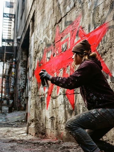Low angle high contrast street photography, a young graffiti artist spraying a vivid red mural on a textured concrete wall, bright sunlight, raw analog film grain.
