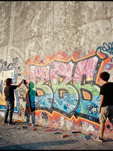 Gritty documentary photo of a large colorful community graffiti mural on a textured concrete wall, young local artists holding spray cans, low angle dynamic shot, warm afternoon sunlight, 35mm film grain