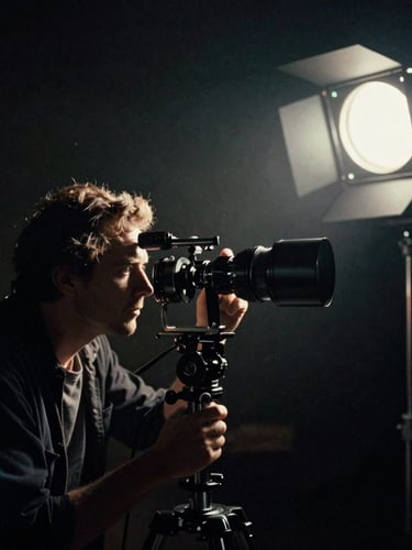 Cinematic wide-angle shot of a director looking through an anamorphic lens on a dark, moody film set, volumetric spotlighting, 35mm film grain