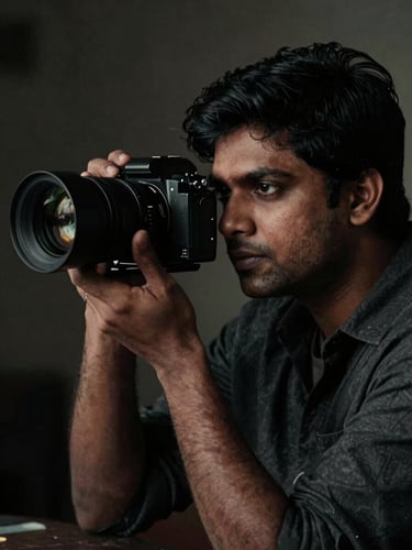 Cinematic low-key portrait of an Indian filmmaker looking through an anamorphic camera lens, dramatic side lighting, high-contrast moody tones, 35mm grain