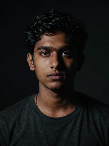 Intense cinematic portrait of a young Indian filmmaker looking directly into the camera, dramatic low-key spotlighting, high-contrast chiaroscuro, 35mm film grain