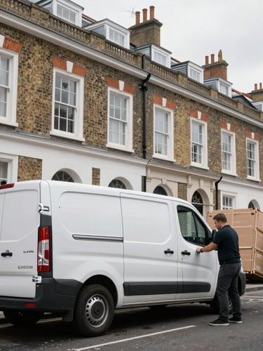 A clean, branded Luton van parked on a historic London street with Victorian brick terraced houses, bright overcast daylight, professional movers securing cargo.