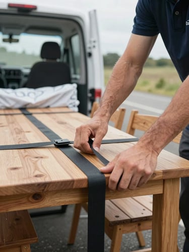 Close-up of a professional mover's hands tightly securing a wooden dining table with heavy-duty straps and protective transit blankets inside a clean Luton van, bright overcast daylight