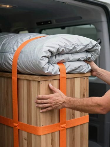 Close-up of a professional mover's hands securing a heavy protective blanket around a wooden cabinet with industrial orange straps inside a transit van.